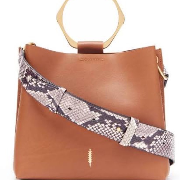 Thacker Brown Leather Bucket Bag with Snake Print Shoulder Strap - Picture 7 of 10